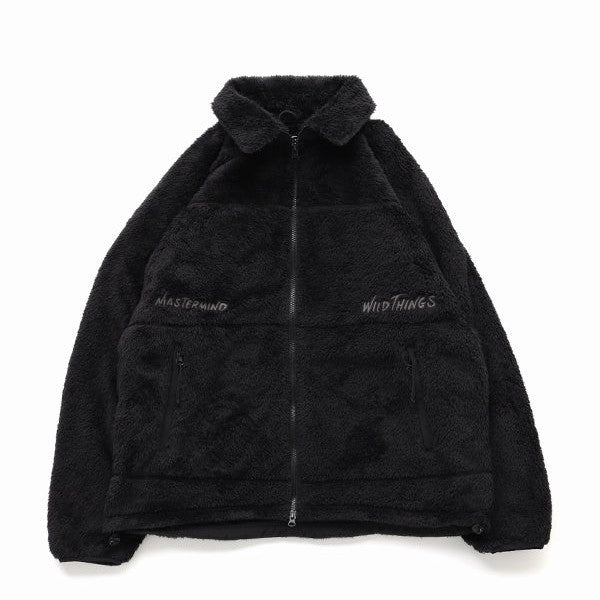 Wild Things x Mastermind World Shaggy Zip Up Jacket in black, featuring logo details and a cozy design.