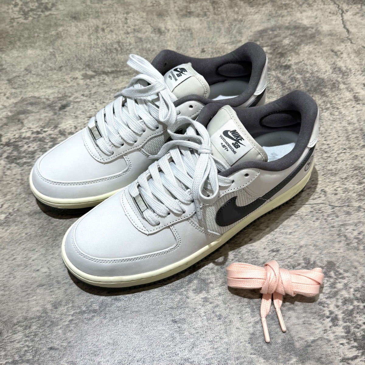 Yuto Horigome x Nike SB Air Force 1 Low IO8439-100 sneakers in gray with pink laces