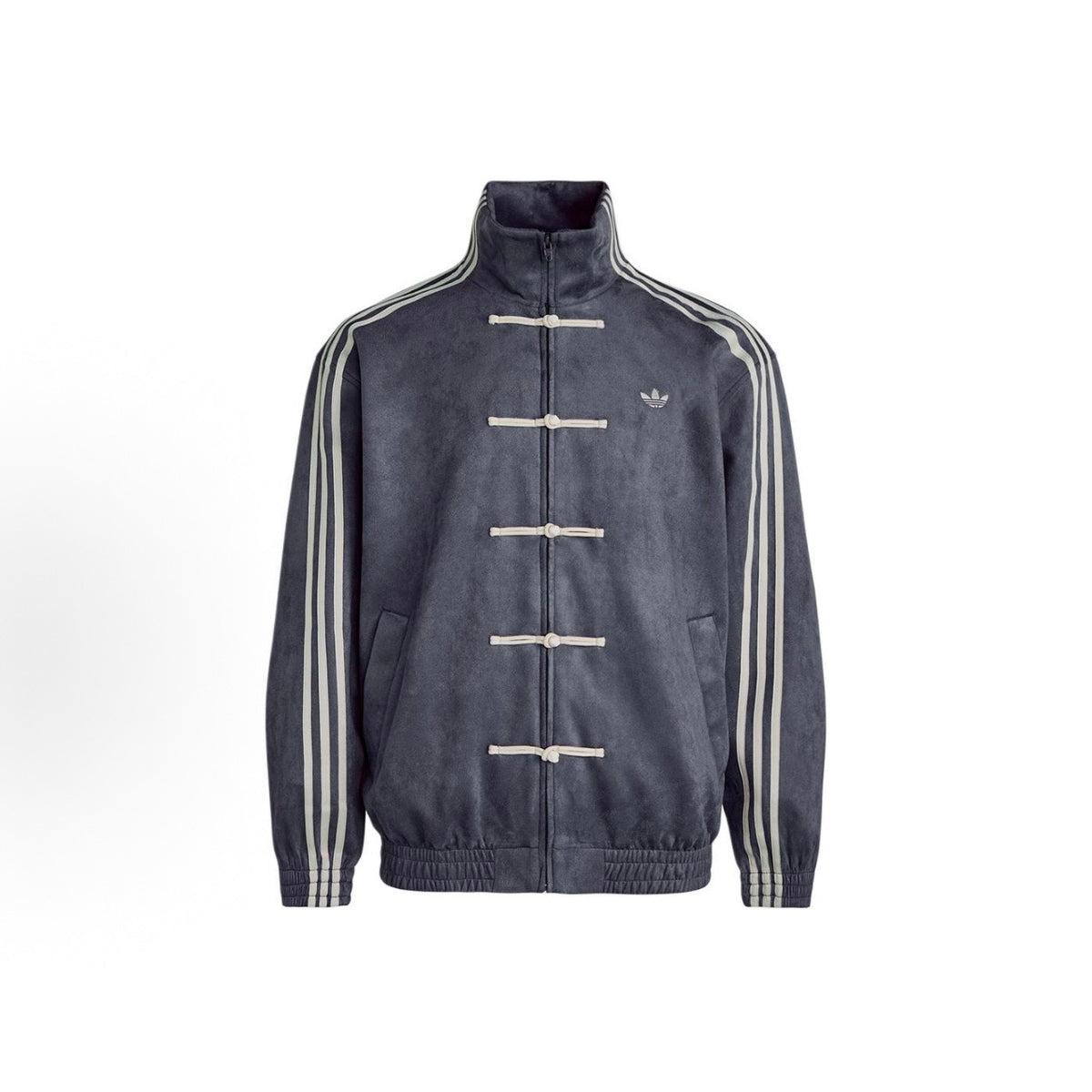 adidas CTT Chinese Track Top 3.1 Gender Neutral Jacket in Dark Grey, featuring classic three-stripe design and high collar.