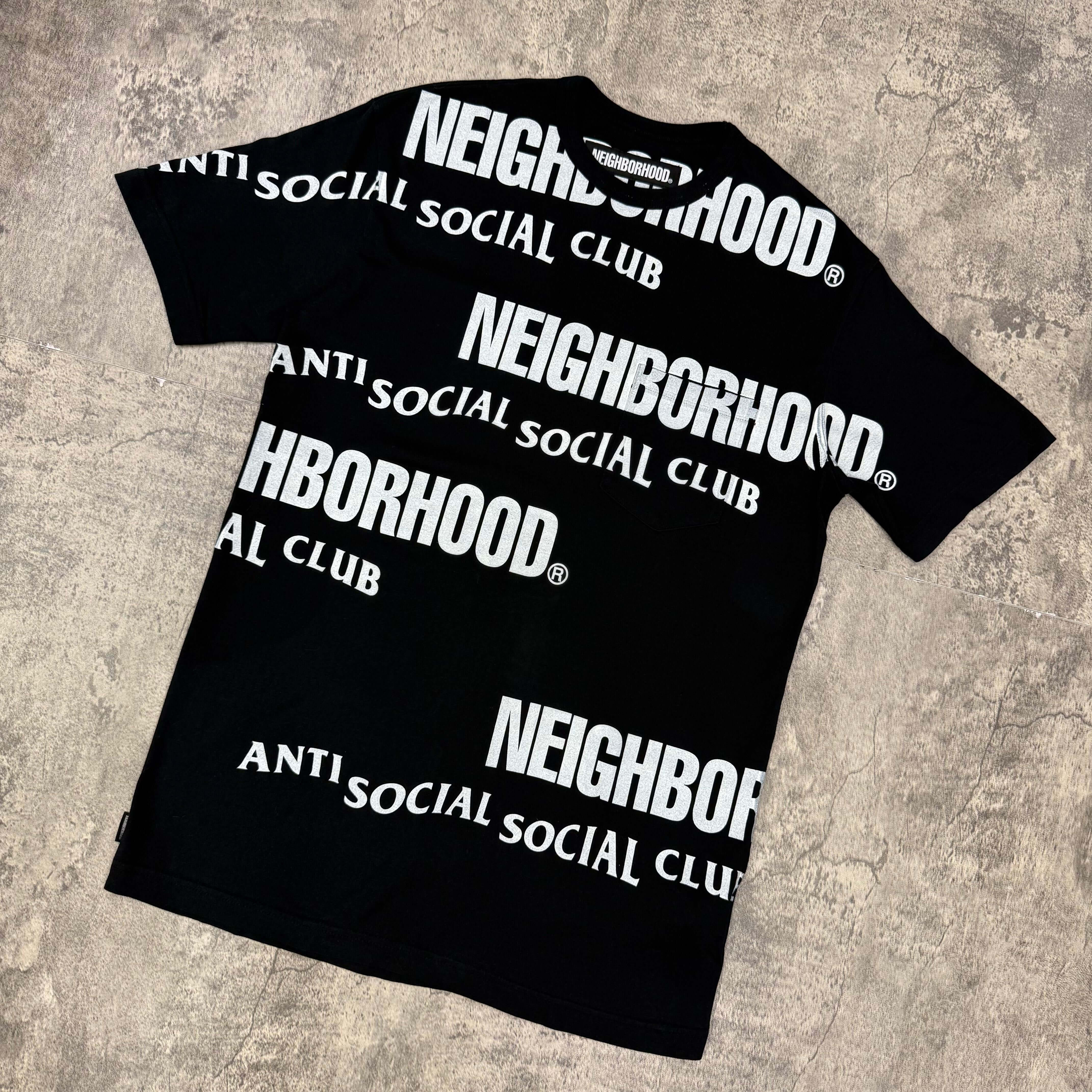 ASSC x Neighborhood In Tears Tee - Black featuring bold NEIGHBORHOOD and ANTI SOCIAL CLUB logos on a black background.