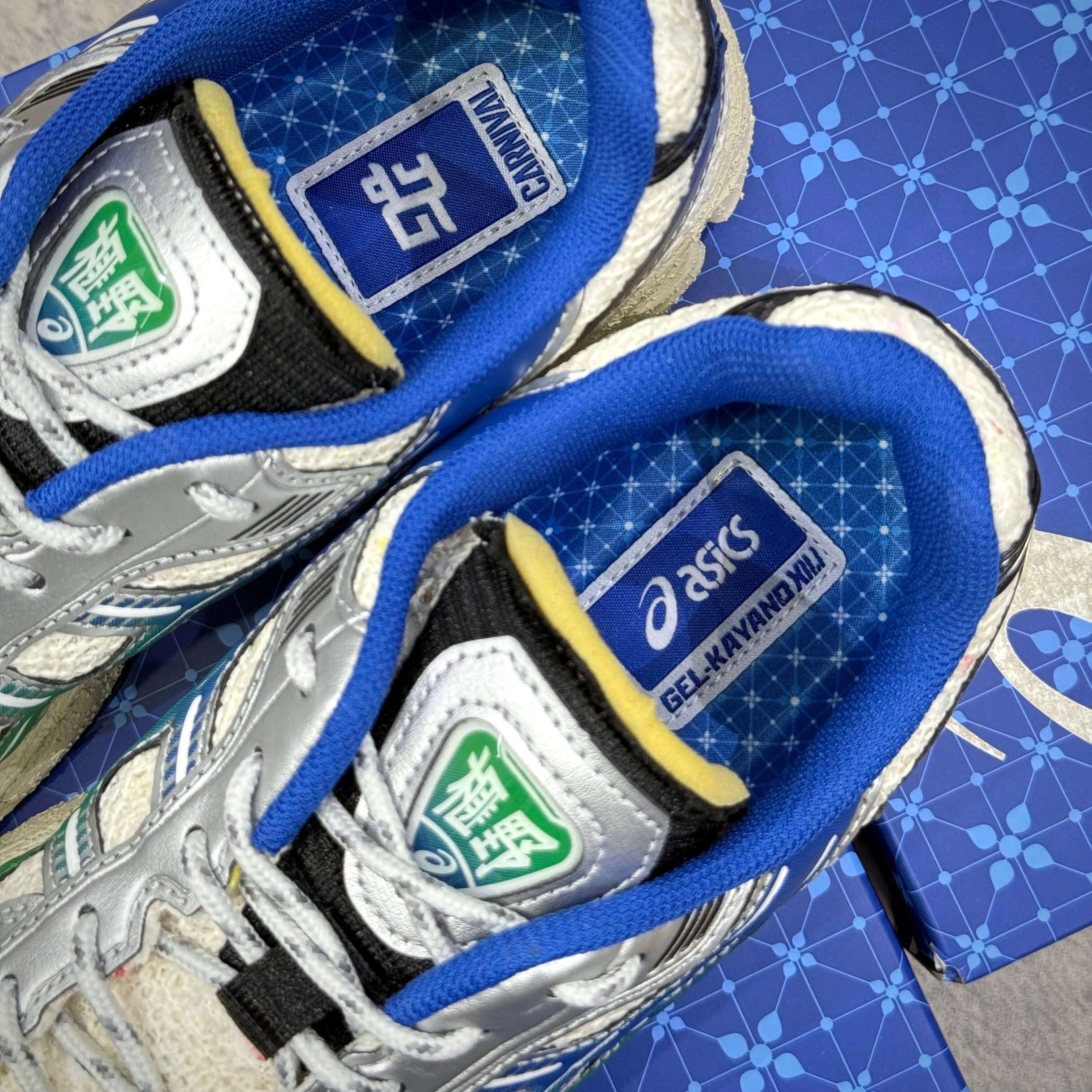 Carnival x Asics Gel Kayano 12.1 PHRA NAKHON top view showing sneaker design and branding on insoles.