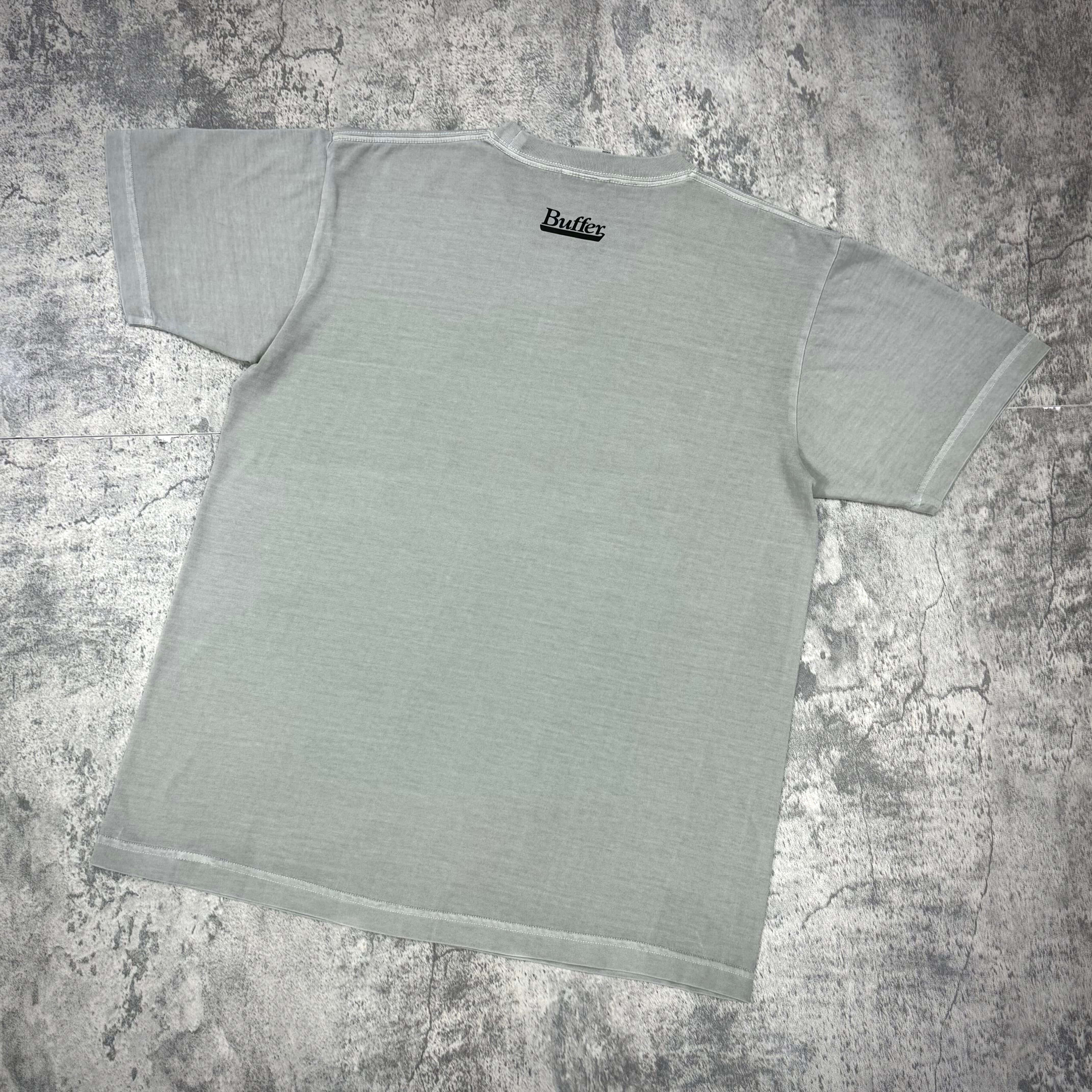 Back view of Buffer Groupie Tee, featuring the Buffer logo in black on a light gray fabric.