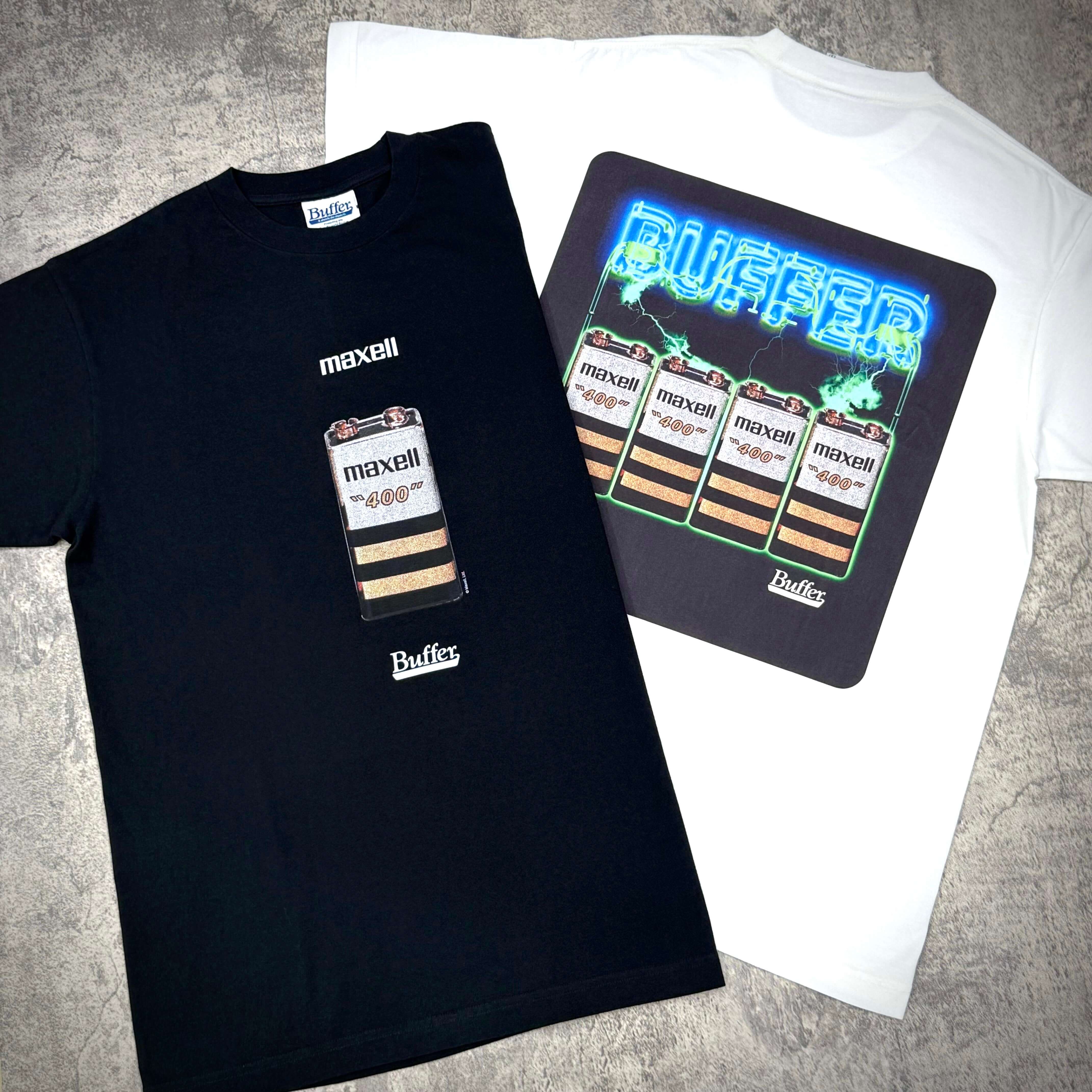 Buffer Maxell Max Lightning Tee featuring two t-shirts: black with maxell design and white with neon Buffer graphic.