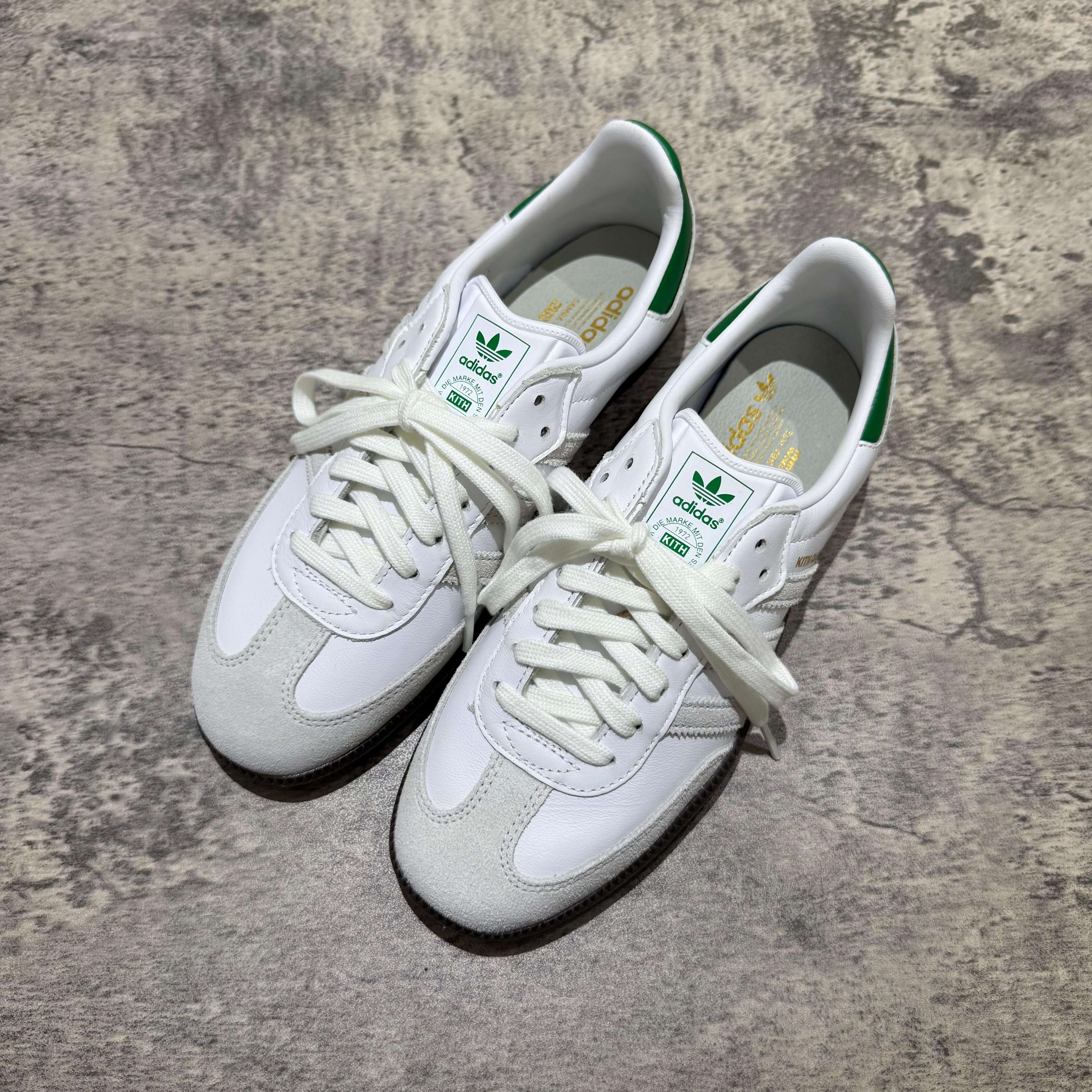 Kith Classic x Adidas Original Samba OG - White / Green sneakers with white and green colorway, viewed from above.