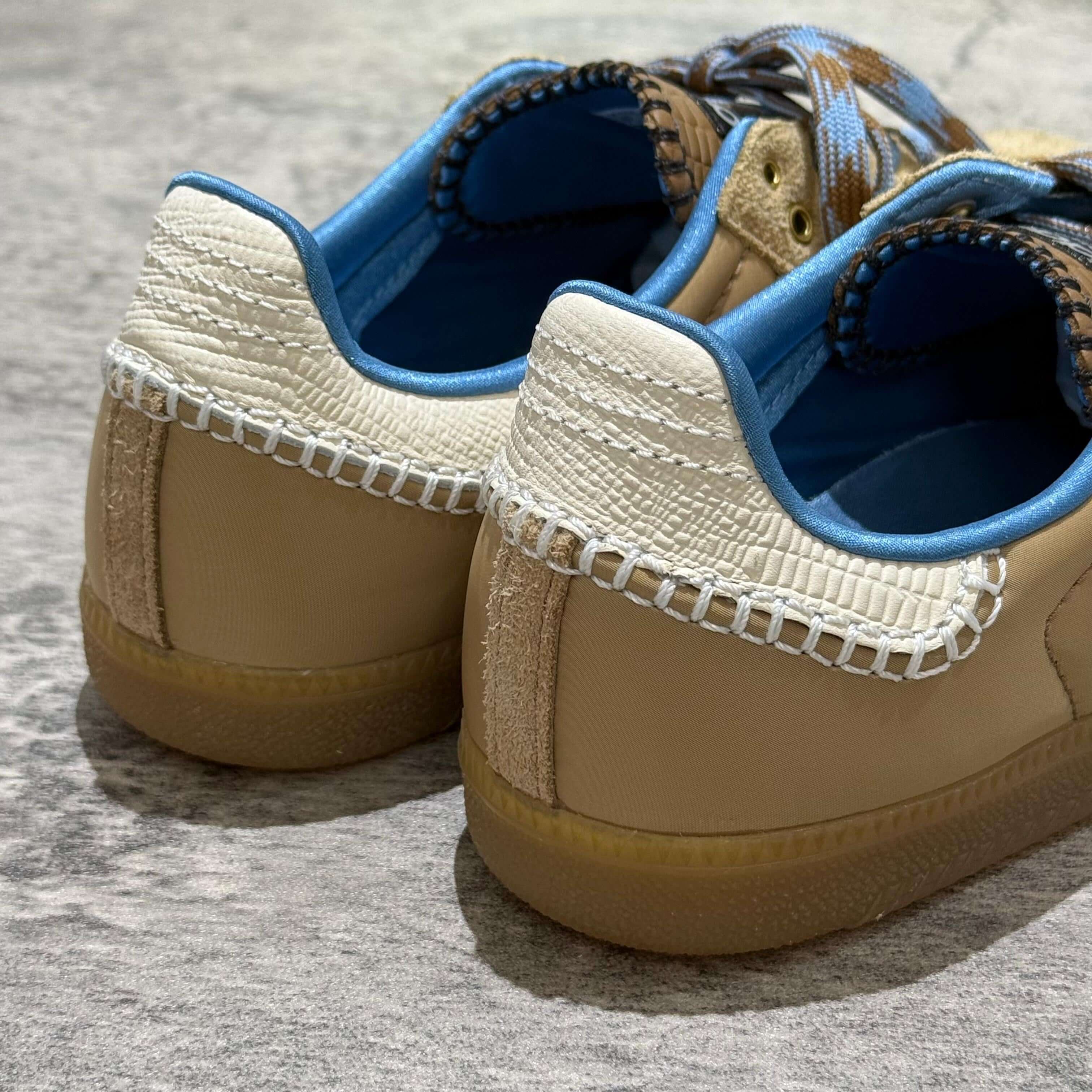 Wales Bonner x Adidas Originals Samba Nylon - Desert White sneaker heel detail showing unique design features.