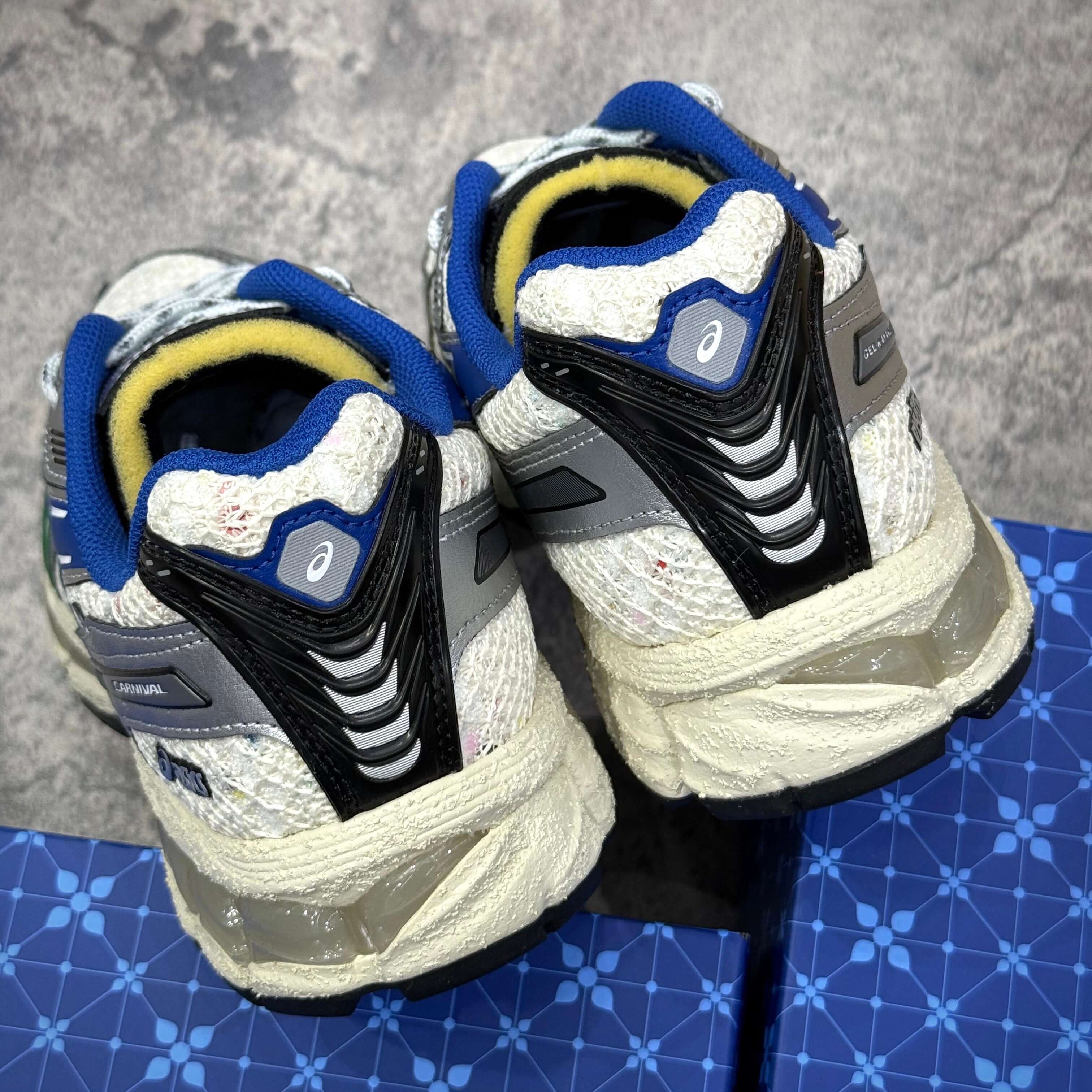 Carnival x Asics Gel Kayano 12.1 PHRA NAKHON sneaker heel view showcasing unique design details and colors.