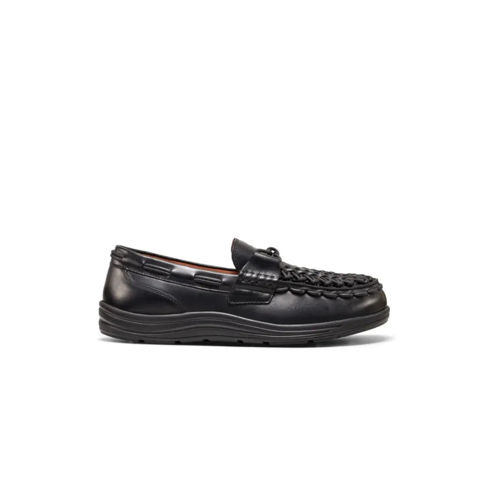 Keen Uneek Loafer Nocturnal Black side view, showcasing premium leather design and unique two-cord style.