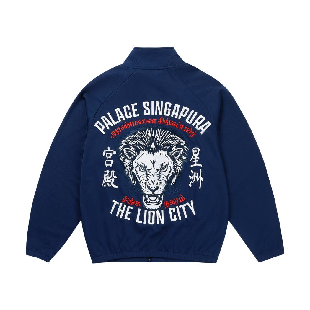 Palace Singapore Jacket featuring lion graphic and city name design on the back, navy color.