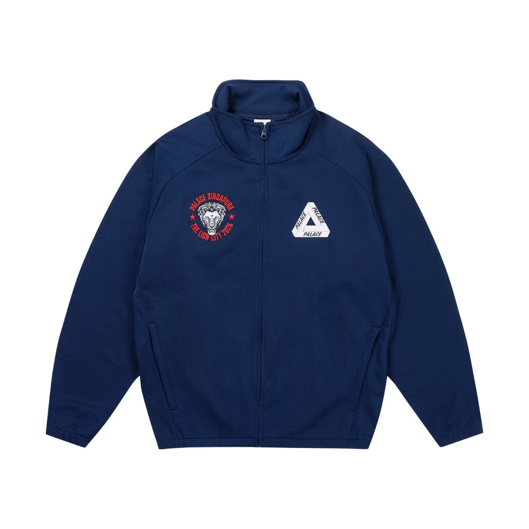 Palace Singapore Jacket featuring navy color, logo details, and a zip-up design for a stylish and sporty look.