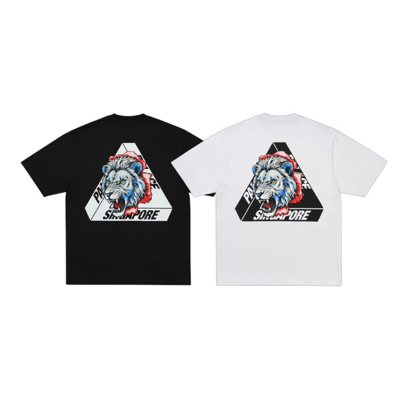 Palace Singapore Tri-Ferg Tee featuring lion graphic in black and white variations.
