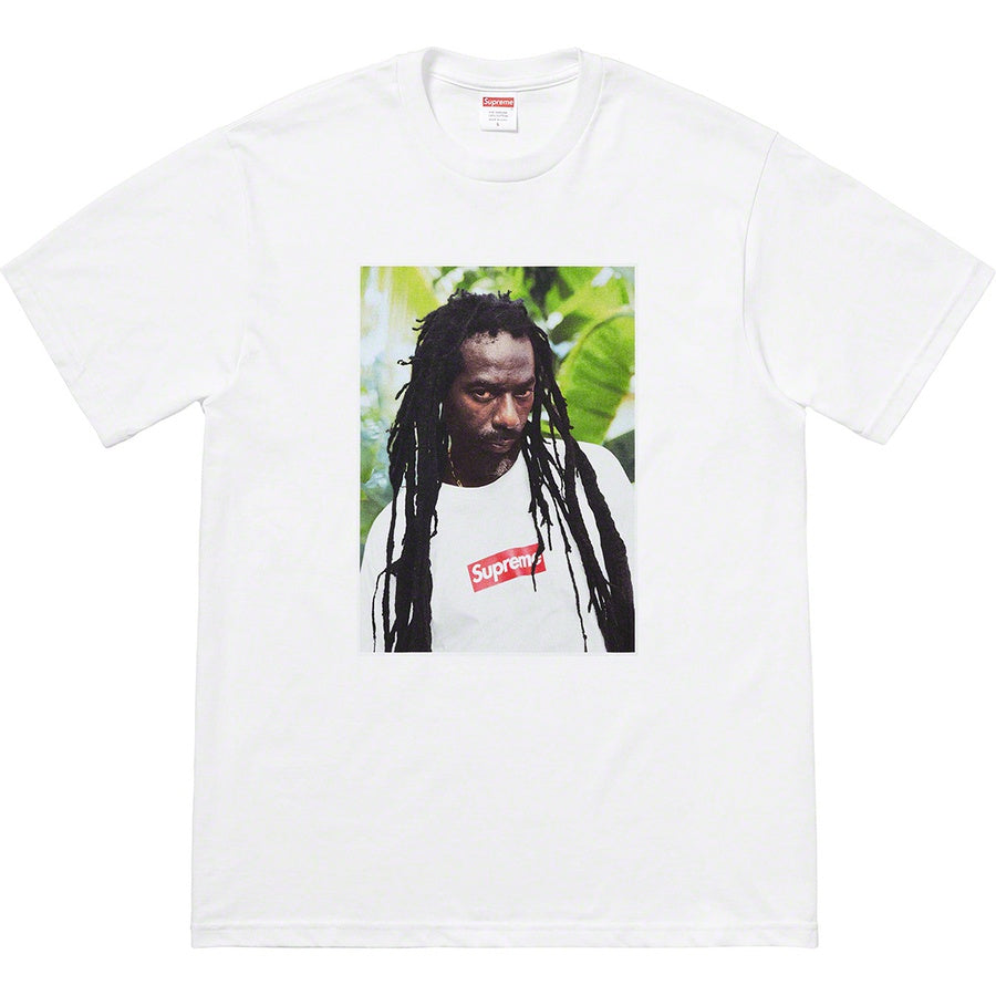 Supreme Buju Banton Tee featuring a close-up of Buju Banton on a white t-shirt, embodying reggae culture and style.