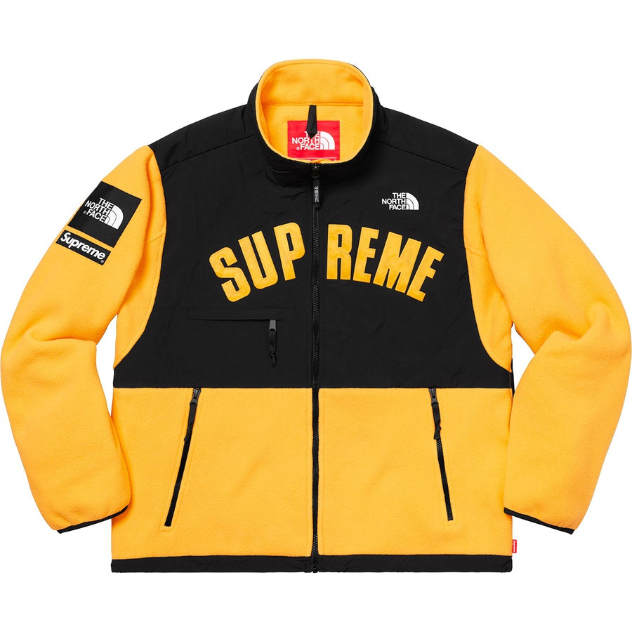 Supreme x The North Face Arc Logo Denali Fleece Jacket - Yellow front view showcasing the vibrant colors and branding.