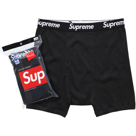 Supreme Hanes Boxer Briefs displayed in a pack with black color and signature logo, perfect for comfort and style.